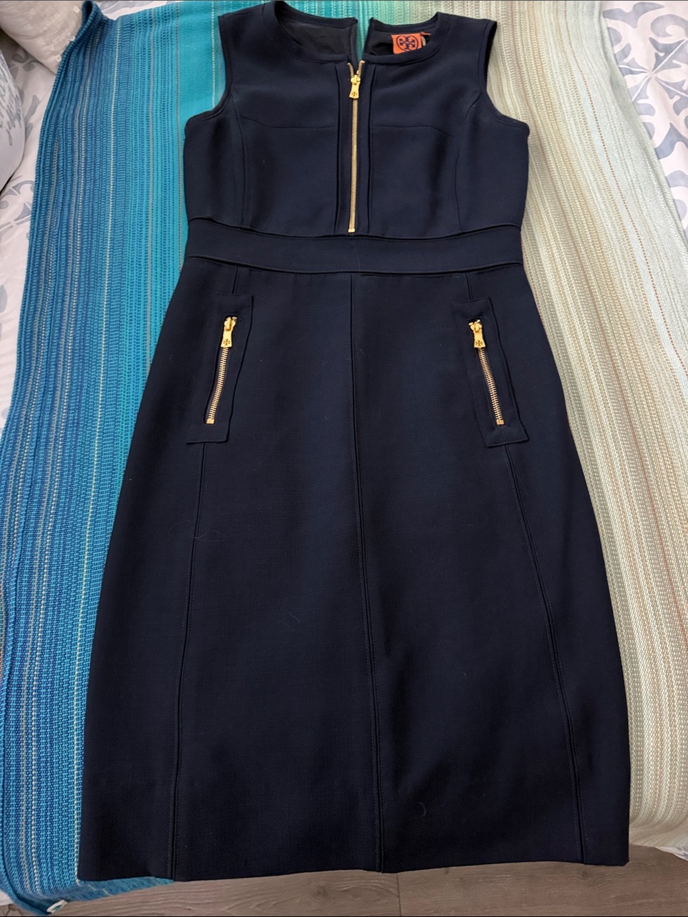 Tory Burch Navy Wool Sleeveless Shift Dress with Gold Zippers